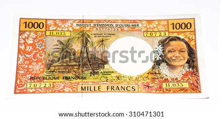 1000 francs bank note of the French overseas territories.