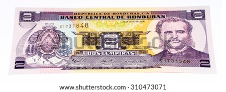 2 lempiras bank note. Lempira is the national currency of Honduras