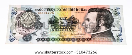 5 lempiras bank note. Lempira is the national currency of Honduras
