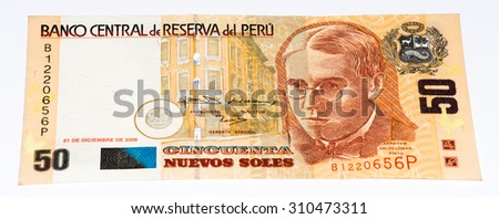 50 soles nuevos bank note. Soles nuevos is the national currency of Peru