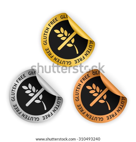 vector gold, silver, bronze bent stickers with symbol of gluten free Royalty-Free Stock Photo #310493240