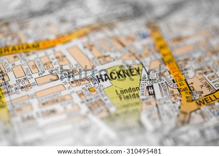Macro view of a detailed London road map.
 Royalty-Free Stock Photo #310495481