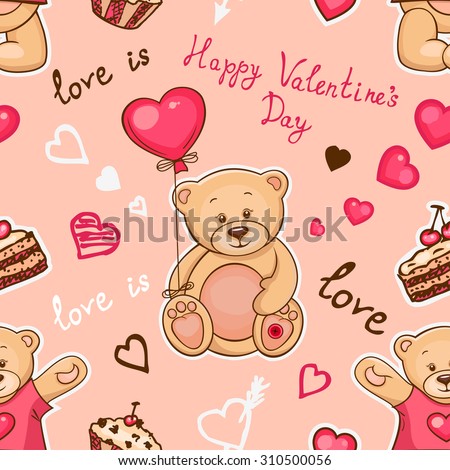 Cute seamless valentine background with teddy bears. Use it for childrens wallpaper, gift wrapping, prints for baby clothes, prints for bedclothes, greeting cards, Valentines Day design