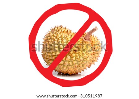 Circle Prohibited red Sign on Durian photo For No Durians Allowed Isolated on White Background