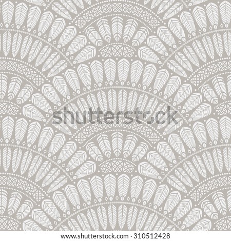 Vector abstract seamless geometrical background with fish scale layout from light beige and white fan shaped ornate elements with ethnic patterns  Royalty-Free Stock Photo #310512428