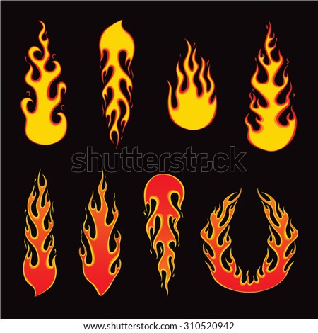 Set of fire elements and burning fire