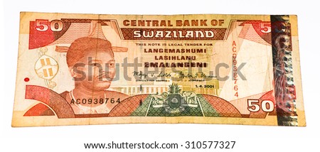 50 Swazi emalangeni bank note. Swazi emalangeni is the currency of Swaziland