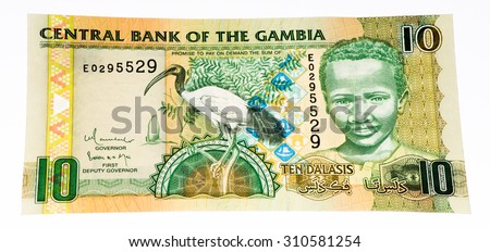 10 Gambian dalasi bank note. Gambian dalasi is the national currency of Gambia