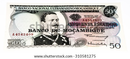 50 Mozambican escudos bank note. Mozambican escudo is former currency of Mozambique