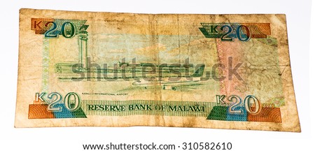 20 Malawi kwacha bank note. Malawi kwacha is the national currency in Malawi