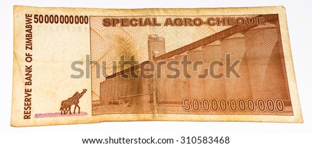 50000000000 (Fifty billion) Zimbabwe dollars bank note. One of manny currences in Zimbabwe