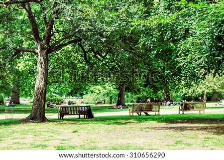 Green park with lawn, old big trees and benches in London, UK. Image with selective focus