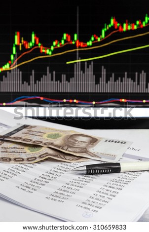 financial analysis with  thai bank and graph stock in background