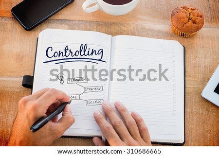 The word controlling and man writing notes on diary against business concept vector