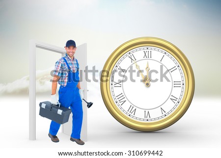 Happy plumber with plunger and toolbox walking on white background against open door in sky
