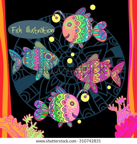 Deep sea fish with corals and mandala background.Ethnic, tribal, creative, artistic, hand drawn stylized illustration. Can be used as print for postcard, t-shirt, notebook cover or other. 
