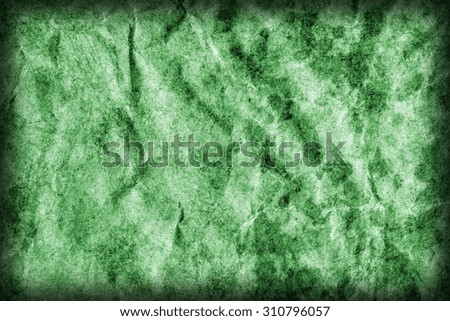 Recycle Kraft Paper, Coarse Grain, Crumpled, Blotted, Mottled, Stained Green, Vignette Grunge Texture Sample.
