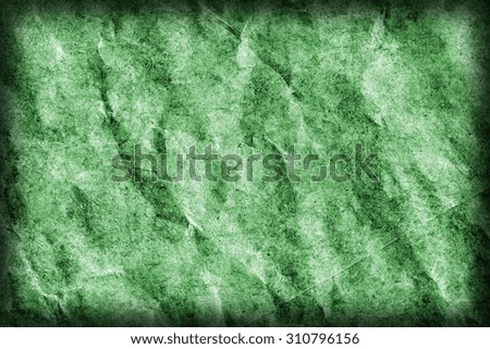 Recycle Kraft Paper, Coarse Grain, Crumpled, Blotted, Mottled, Stained Green, Vignette Grunge Texture Sample.