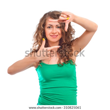 Portrait of a smiling curly young lady gesturing square