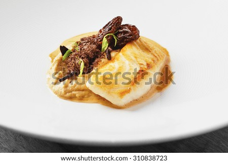 Roasted halibut with morels and potato puree