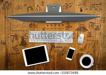 Wooden table and computer , top view. Around sketched drawings, business concept.
