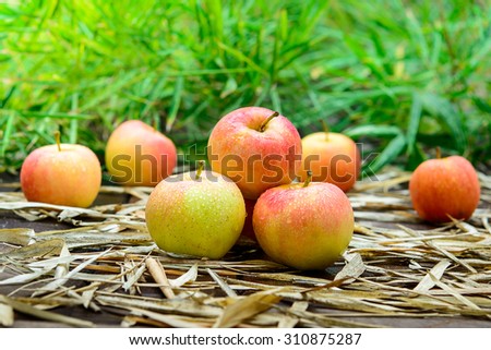 Apple on a wooden / bamboo leaves .