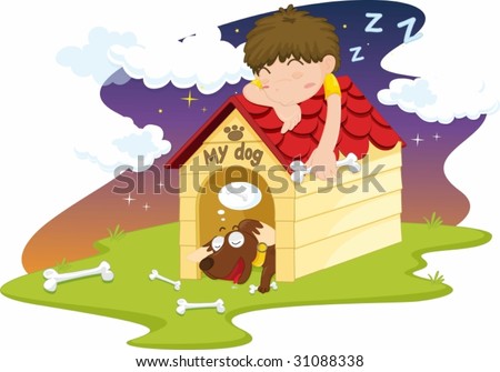 illustration of sleeping boy on dog house