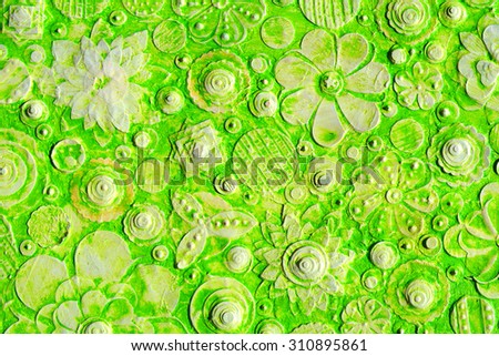 Mix of green flowers in the unique art painting, go green environment background surface,  floral pattern, embossing ,carving and  3d print.
