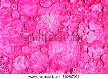 Mix of summer red and rose, pink hawaiian flowers, floral pattern with tropical blooms, abstract art work painting, embossing ,carving and  3d engraving.