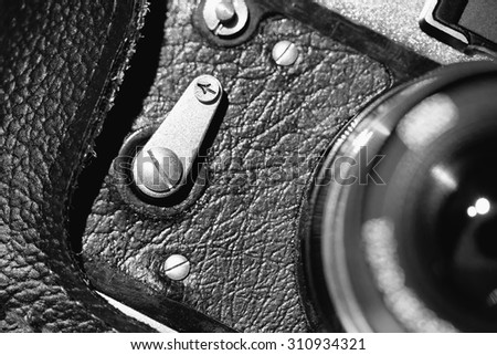 The part of old camera. Black and white image
