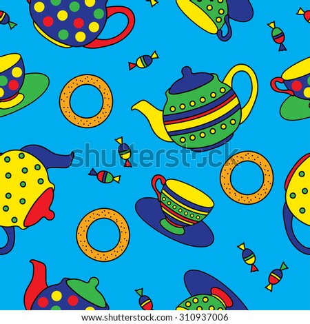 Bright seamless decorative background with teapots, cups, bagels and sweets