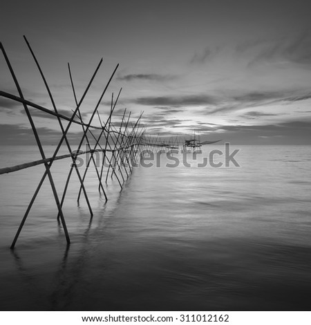 Long exposure black and white image of "langgai" , the traditional fishing medium at Malaysia . Image has certain noise and soft focus when view at full resolution .
