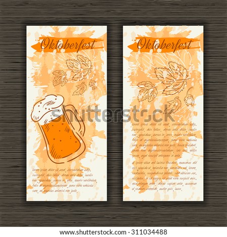 Vector illustration of hand drawn banner for Oktoberfest with beer mug and hop leaf on artistic background. Can be used as a menu cover. 