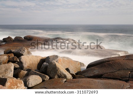 Rocks at Peggy Cove with Long Exposure Showing Mist Effects, Nova Scotia, Canada