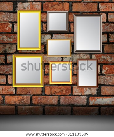 gold silver frame on the Old grunge brick wall. text box. art
