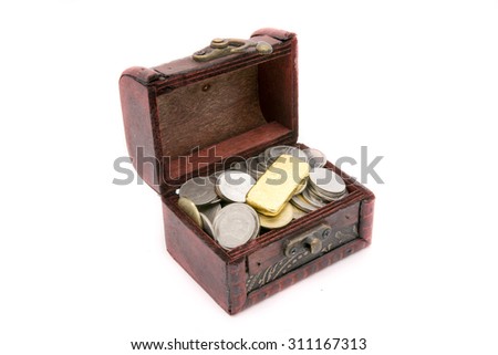Old wooden chest with golden coins, on white background