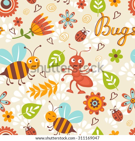 Cute bugs colorful seamless pattern in vector format