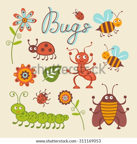 Cute collection of happy little bugs. Vector illustration