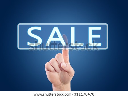 Sale - hand pressing button on interface with blue background.