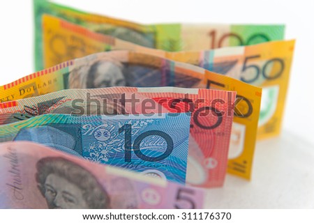 Australian currency, coins, bank notes background with isolate on white background