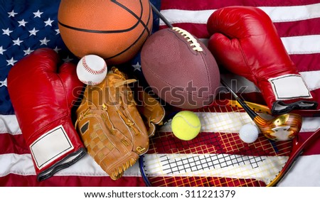 American sports showing boxing,baseball,tennis,basketball,football, and golf. Royalty-Free Stock Photo #311221379