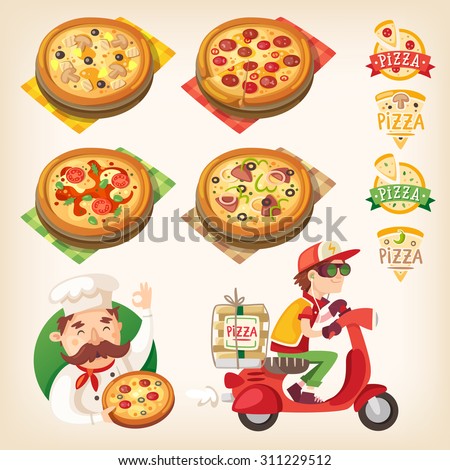 Pizza related pictures: kinds of pizza on the board, logos, italian cook and pizza delivery boy