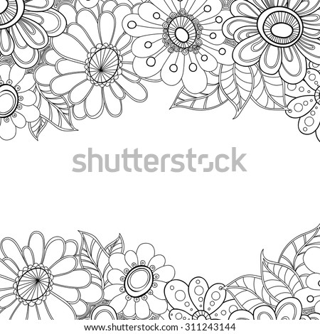 Zentangle doodle floral invitation card. Template wave frame design for card. Decorative hand-drawn vector element border.
