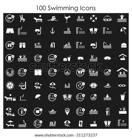 100 Swimming, pool and diving icon set. Pool Signs for Recreation Areas. Vector illustration