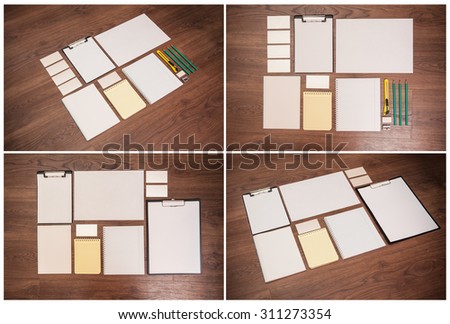 Stationery items on a wooden background.Set mock-up for branding identity.