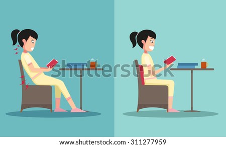 The sample of the guy sitting in wrong and right ways, illustration, vector