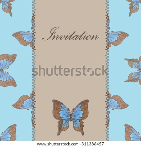 Beautiful vintage invitation card with blue copper-butterfly on the blue background. Vintage vector illustration