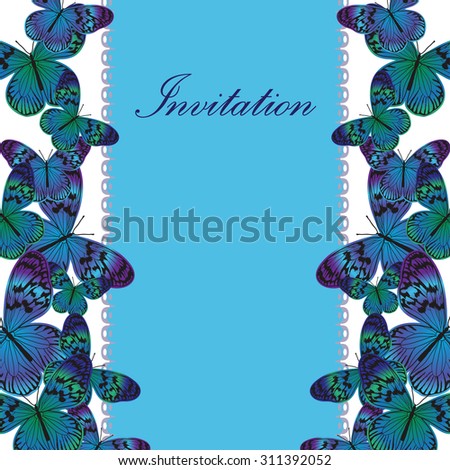 Beautiful vintage invitation card with blue butterfly on the blue background. Vintage vector illustration
