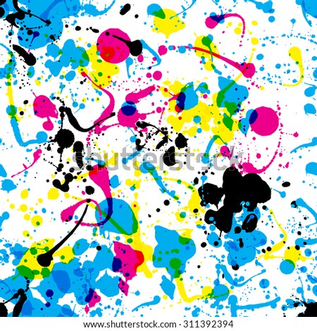 Seamless colorful ink color splats pattern in cmyk colours