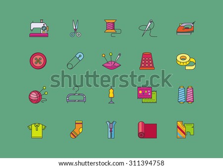 Set of icons of creative sewing flat style. Handmade and knitting industry, tailoring and handicraft, craftsmanship and needlework,  needle and scissors, pin and spool illustration